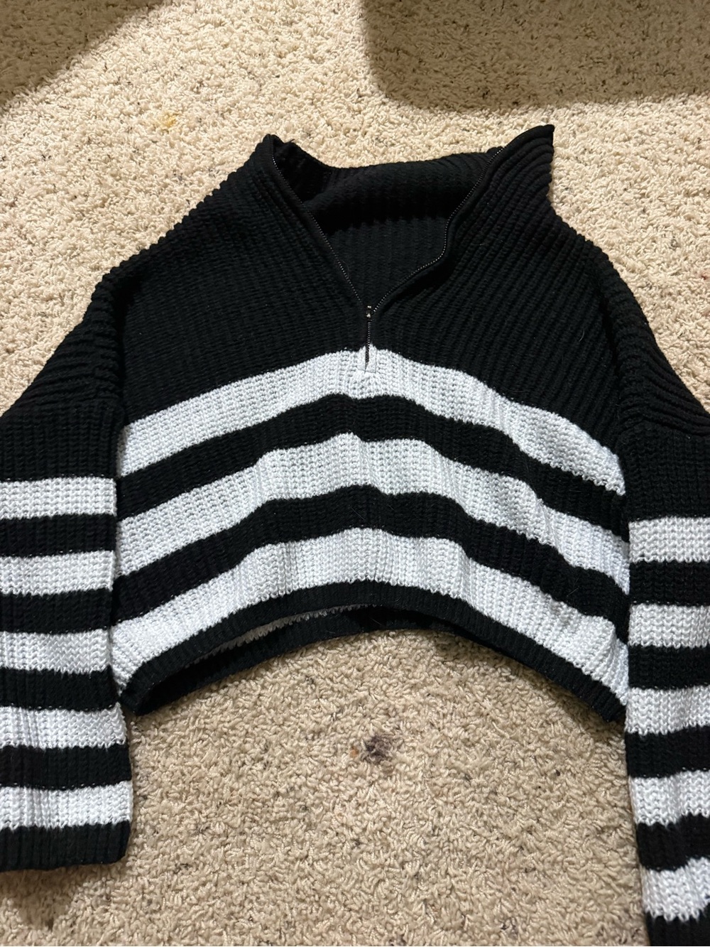 Black & White Striped Half-Zip Cropped Sweater - Women's